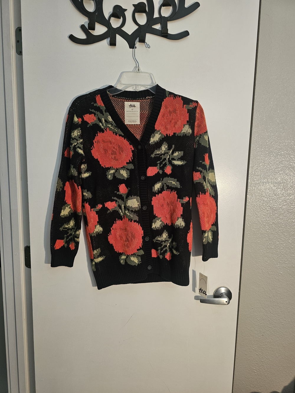 Tea Collection Black Cardigan with Red Floral Print